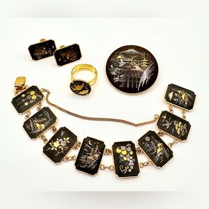 Vintage Amita Japan Damascene Bracelet Earrings Ring and Brooch Set